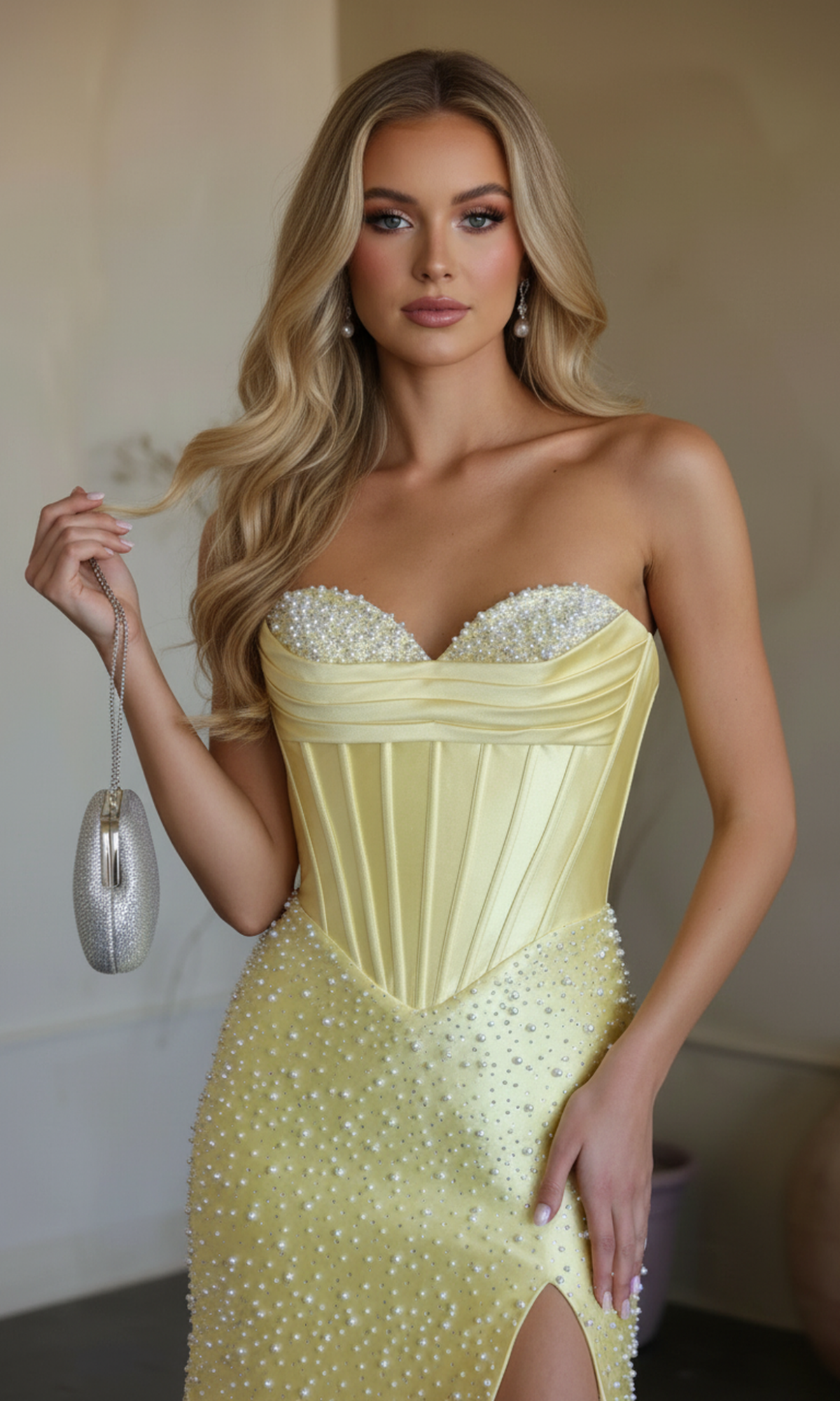 A woman wears the Ava Presley 42513 long prom dress—a strapless yellow satin gown with pearl embellishments and a corset bodice—holding a small silver purse and standing indoors against a plain background.